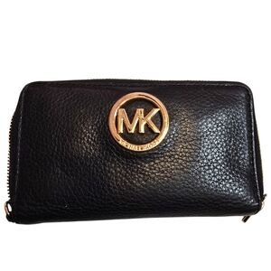 Michael Kors Black Pebbled Leather Zip Around Wallet with Gold Logo